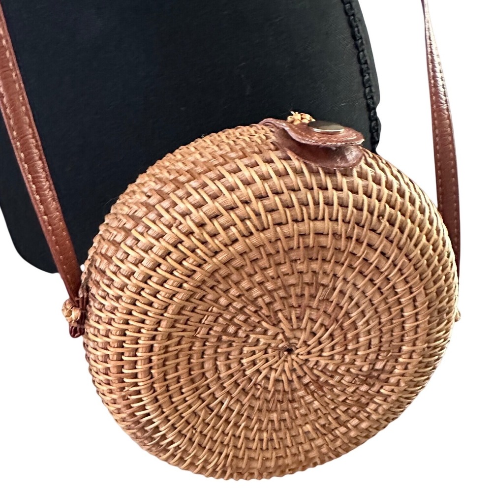 Boho Round Rattan Crossbody Bag Woven Straw Circle Purse Brown Handbag